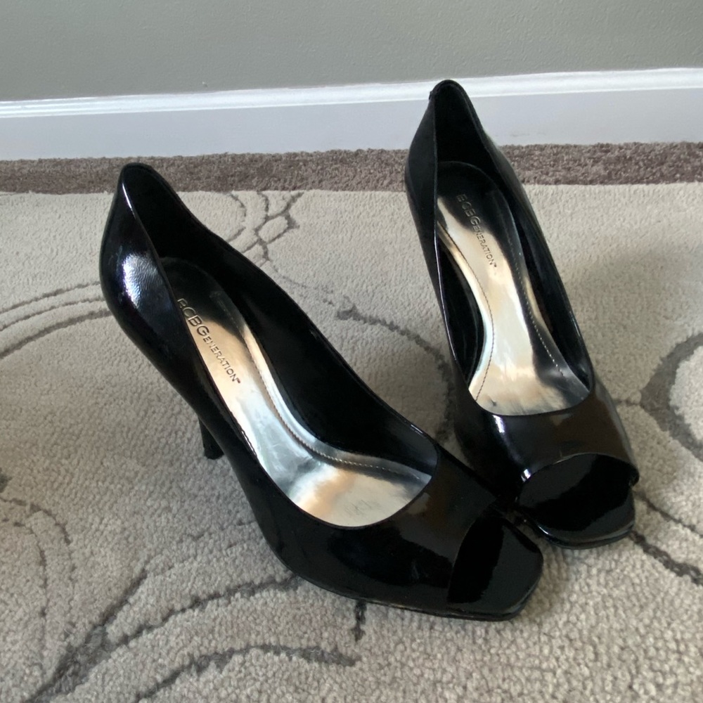 BCBGGeneration Black Patent Leather Peep Toe Pumps